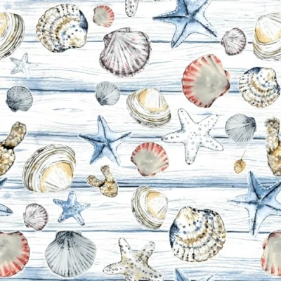 Afbeelding van 20 stuks papieren servetten met zeeschelpen op hout, ideaal voor decoupage en servettechniek, 33 x cm