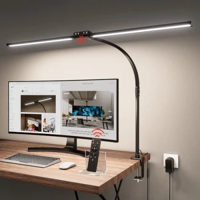 Afbeelding van Jeebel Krachtige led bureaulamp, 24 W, 80 cm, tafellamp met dubbele kop, afstandsbediening, klem 9,5 360 graden verstelbaar, 10 kleurmodi, helderheid, 1800 lm, flexibel zwanenhalslicht