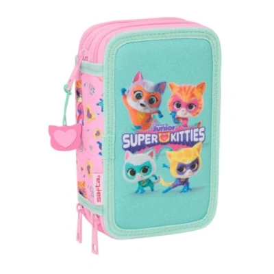 Afbeelding van Driedubbele Pennenzak SuperKitties Roze Turkoois 12,5 x 19,5 5,5 cm 37 Onderdelen