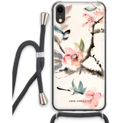 Afbeelding van Case Company® hoesje met Koord geschikt voor iPhone XR Japanse bloemen Telefoonhoesje Zwart Extra Bescherming aan alle Kanten en Over de Schermrand