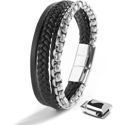 Afbeelding van SERASAR Hoogwaardige leren armband voor heren, magneetsluiting van Roestvrij staal in zwart, zilver en goud, met sieradendoosje, leuk cadeau idee, 20 cm, Leer, Geen edelsteen