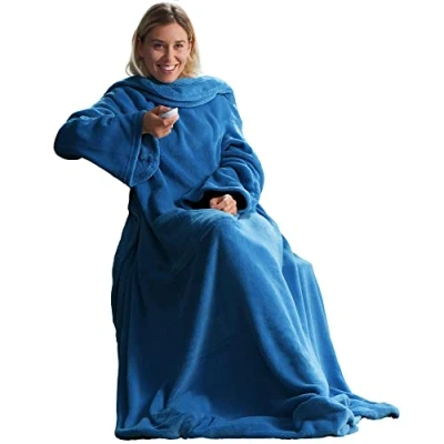 Afbeelding van CelinaTex TV deken met Mouwen en Voetenzak, Zachte Deken, 150 x 180 cm, Blauw, Microvezel, Fleece, Oeko Tex
