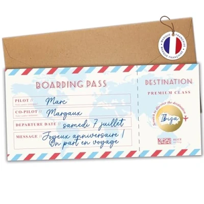 Afbeelding van aliceandberry Reiskaart verrassing om te krassen cadeau personaliseerbaar instapticket Vliegticket Verjaardag, EVJF, voor koppels Engels Boarding Pass Model