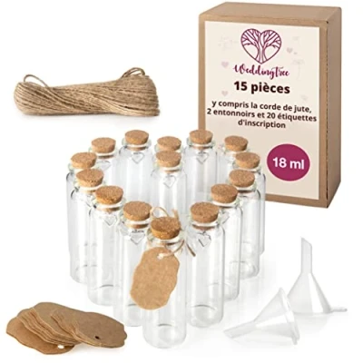 Afbeelding van WeddingTree 15 x kleine glazen fles, 18 ml, testbuis voor bruiloften, set met kurk en hartvormige hanger, als cadeau cariage, kruidenpot