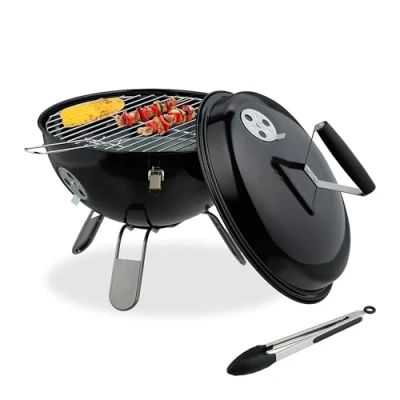 Afbeelding van houtskoolbarbecue draagbaar Ø 34 cm met deksel en tang staal