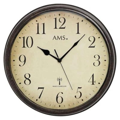 Afbeelding van AMS 5962 Vintage stijl draadloze wandklok Metalen kast in verweerd houteffect Decoratieve klok