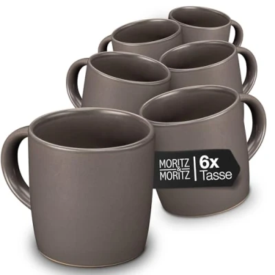 Afbeelding van Moritz &amp; Nordic Koffiekopjes taupe, 6 stuks, ca. 300 ml, van hoogwaardig porselein, elegant design met handvat, perfect voor koffie, thee, warme chocolademelk, cappuccino