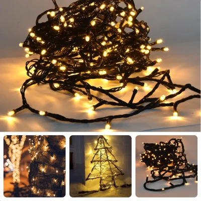 Afbeelding van Cheqo® Koppelbare Kerstverlichting voor Buiten Kerstlampjes Kerstboomverlichting 100 LED Warm Wit 10m IP44 Zwart Snoer