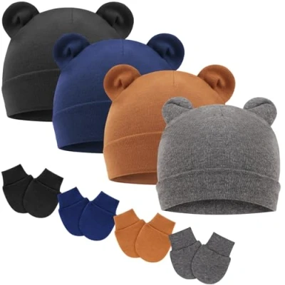 Afbeelding van DRESHOW Babymutsen en wanten, beschermende pasgeborenen, peuters, zacht, schattig, gebreid, muts, 0 6 maanden, één maat, 4 Sets: Bear Ears Hoeden &amp; Mittens Double Layer H10