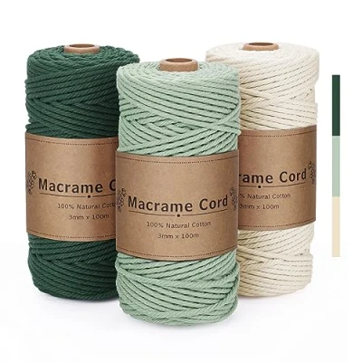 Afbeelding van PUWOWYE 3 stuks macramégaren mm groen natuurlijk katoenen koord voor doe het zelf breien bohemien decoratie handwerk x 100 m