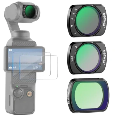 Afbeelding van NEEWER 3 stuks ND2 32 magnetische filters, 1/4 zwarte diffusie en CPL filter, compatibel met DJI Osmo Pocket 3, actiecamera accessoires 2 displaybeschermfolies van gehard glas,