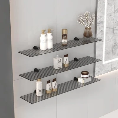 Afbeelding van Euro Tische 80 cm glazen wandrek voor badkamer, doucheplank van grijs geribbeld glas, met 6 mm ESG veiligheidsglas en metalen houders (grijs gegroefd glas)