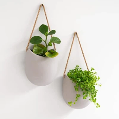 Afbeelding van KAZAI. Ellia Wandbloempotten, hangende bloempotten van keramiek, 2 delig, wanddecoratie voor binnen, balkon en tuin, lichtgrijs mat