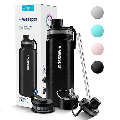 Afbeelding van Wessper Thermische drinkfles van roestvrij staal, 500 ml, lekvrij, thermosfles, BPA vrij, met 3 deksels, zwarte elegante sportfles, thermosfles voor kinderen, volwassenen, camping