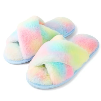 Afbeelding van riemot Pluche winterpantoffels voor dames, traagschuim, comfortabel, antislip, pluizig, regenboogkleuren, maat 38 39, regenboog, 38/39 EU, Regenboog