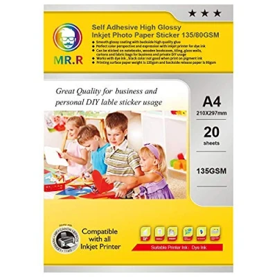 Afbeelding van MR.R Inkjet Vellen 135 g/m² A4 x 20 Fotopapier Glanzend Wit Gedrukt Fotokwaliteit Etiketten Afdrukbare Zelfklevende Stickers
