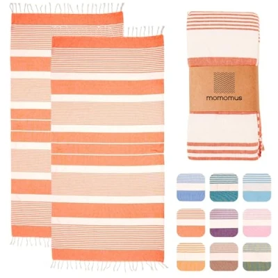 Afbeelding van MOMOMUS Set van 2 XL stranddoeken of strandhanddoeken katoen, absorberend, zacht, compact, pareo en strandhanddoek, voor sauna, spa zwembad, zalm, 90 x 180 cm