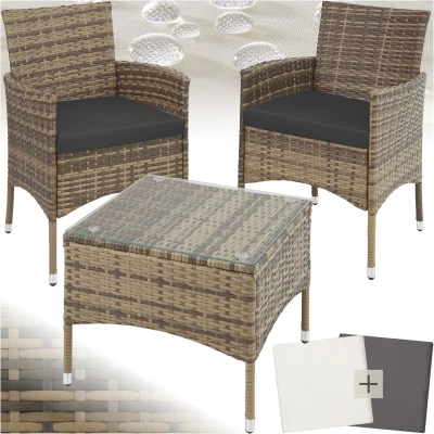 Afbeelding van tectake® wicker meubelen tuinset met verwisselbare hoezen, 2 stoelen en tafel glazen blad, 2x outdoor loungestoelen armleuningen tuintafel, tuinmeubelset, balkonmeubilair natuurkleur poly rattan