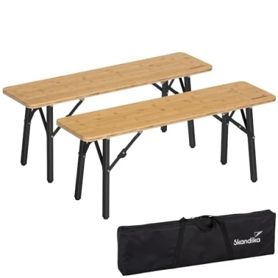 Afbeelding van Skandika Tobro bamboe Zitbank Set van 2 Tuinbank biertentset, opvouwbaar, tot 200 kg en 1 personen per bank, aluminium poten, verstelbaar UV bestending Bierbank, picknick, balkonmeubilair, tuinmeubilair 100 x 27 39 cm (LxBxH)