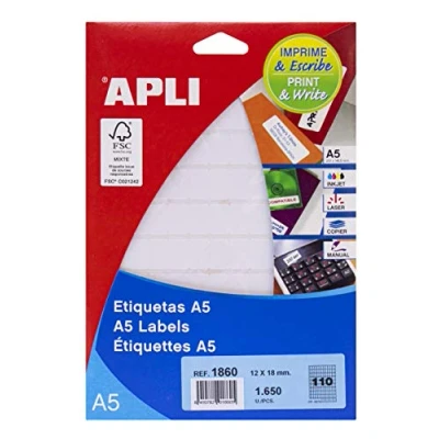 Afbeelding van Apli witte etiketten Print &amp; Write ft 12 x 18 mm (b h), 1.650 stuks, 110 per blad (1860) etiket