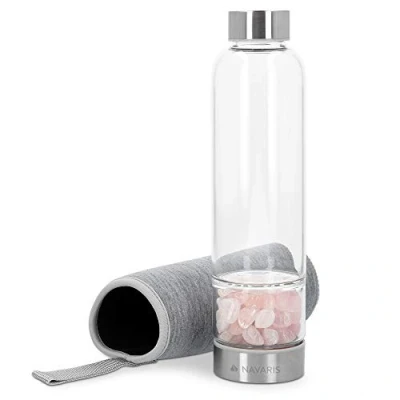 Afbeelding van Navaris glazen drinkfles Fles met rozenkwarts 420 ml Waterfles edelstenen Inclusief sleeve van neopreen