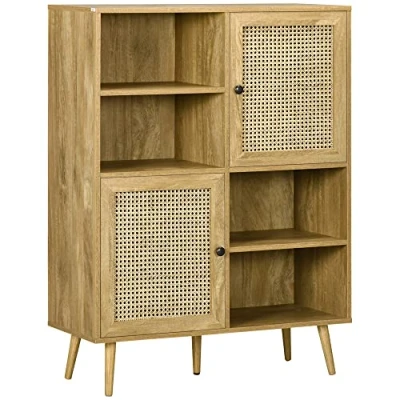 Afbeelding van HOMCOM Dressoir, opbergkast, hoge kast op houten voet en riet met 2 deuren, 4 vakken, afmetingen: 90 x 32,5 120 cm