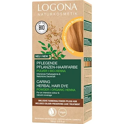 Afbeelding van LOGONA Naturkosmetik Voedende, veganistische plantaardige kleuring met biologische henna voor intensieve kleur en glans, koperblond (blond), 1 x 100 g