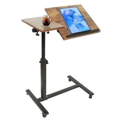 Afbeelding van Bijzettafel met wieltjes, voor bed en bank, in hoogte verstelbaar, kantelbaar tafelblad, houtkleur 60 x 34,5 58 90 cm (bruin)