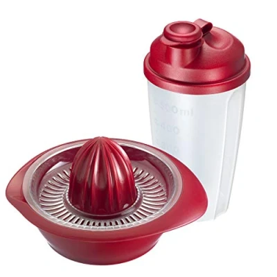 Afbeelding van Fitnessset 2 delig, citrus en sinaasappelpers dressingshaker, inhoud: elk 0,5 l, kunststof, mixery, limota, rood/transparant