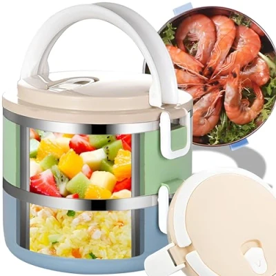 Afbeelding van Retoo geïsoleerde roestvrijstalen lunchbox container roestvrij staal draagbare Bento voedselbox twee 1,4 liter