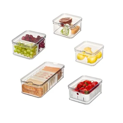 Afbeelding van iDesign Set van 5 opbergcontainers, koelkastorganizer met deksel, gerecycled kunststof, keukenaccessoires om levensmiddelen vers te houden, transparant, wit
