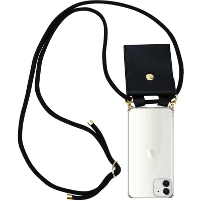 Afbeelding van Cadorabo Hoesje geschikt voor Apple iPhone 12 MINI in ZWART Silicone Mobiele telefoon ketting beschermhoes met gouden ringen, koordriem en afneembare etui