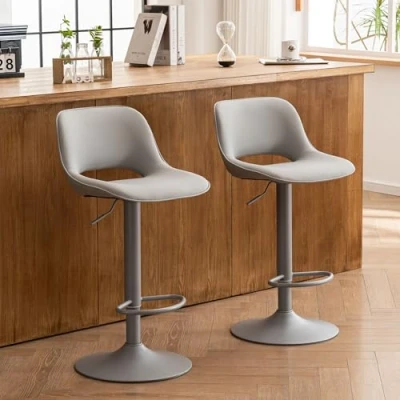Afbeelding van YOUNIKE Barkruk, set van 2 draaibare barstoelen met verstelbare hoogte, keukenkruk, zachte bekleding, aanrechtkrukken holle rugleuning, kinderstoel voor bar, grijs