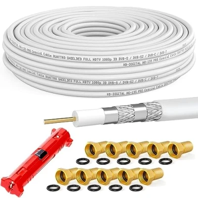 Afbeelding van HB DIGITAL 25 m SAT coaxkabel HQ 135dB PRO met stripper + 10 gratis vergulde F stekkers satellietantennekabel viervoudig afgeschermd voor DVB S/S2 C/C2 T/T2 DAB+ installaties
