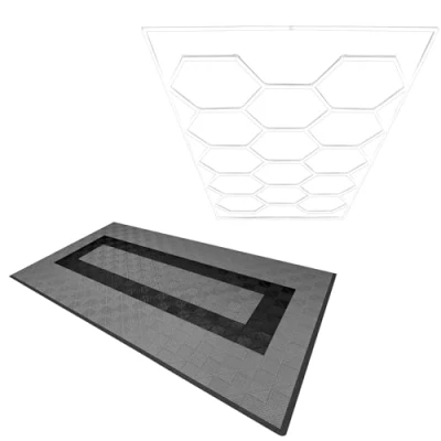 Afbeelding van Modulaire Geventileerde Vloer 90 Grijze &amp; 30 Zwarte Tegels Met Randen Hexagon LED verlichting 14 Witte Lampen 6500K 3 Montageopties Inclusief Ophangset, Garagevloer 3,2m x 6m