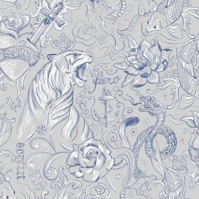 Afbeelding van Behang Expresse Thomas tattoo grijs/blauw