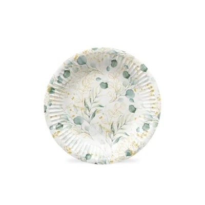Afbeelding van Paw Wegwerpborden van karton (18 cm), 8 stuks, wegwerpborden, ideaal voor bruiloft, communie, feesten, verjaardag, print papieren borden op waterbasis, Eucaliptus goudkleurig