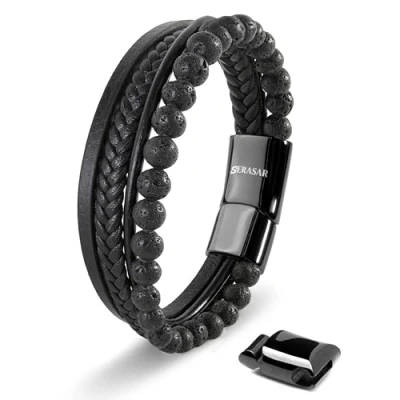 Afbeelding van SERASAR Hoogwaardige herenarmband van echt Leer, zwart en bruin, magneetsluiting roestvrij staal, inclusief sieradendoosje, ideaal cadeau idee, Geen edelsteen