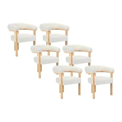 Afbeelding van Pascal MORABITO Set van 6 stoelen met armleuningen boucléstof en heveahout Wit naturel LIVELIA L 64 cm x H 78 D 60