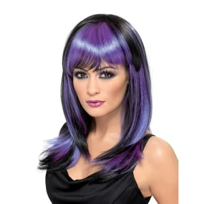 Afbeelding van Smiffys Glamour heksenpruik, paars, zwart, lang met pony