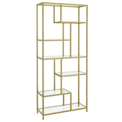 Afbeelding van VASAGLE Opbergrek, boekenkast, 6 niveaus, plantenstandaard, 30 x 80 180 cm, gehard glas, voor kantoor, woonkamer, slaapkamer, keuken, goud metallic LGT502A01