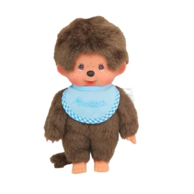 Afbeelding van BANDAI Monchhichi pluche dier met hemelsblauw slabbetje iconisch aap uit de jaren 80 zacht knuffeldier 20 cm voor kinderen speelgoed vanaf 2 jaar SE255092