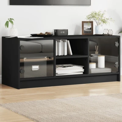 Afbeelding van Tv meubel met glazen deuren 102x37x42 cm zwart