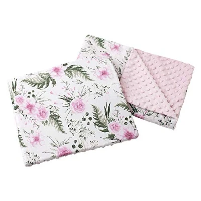 Afbeelding van Medi Partners Babydeken met kussen, 100% katoen, Minky, kinderdeken, 55 x 75 + 35 30 cm, multifunctioneel, voor kinderwagen, zitje, wieg (bloemen minky lichtroze)