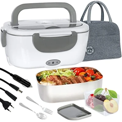 Afbeelding van Poligono Elektrische lunchbox (1,5 l/55 W geïsoleerde box voor warme maaltijden, draagbaar, Puro verwarmde kom kantoor en auto, grijs