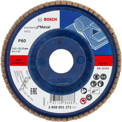 Image de BOSCH 2608601271 disque à lamelles X431 Standard pour métal, diamètre 115 mm, grain 60, type droit