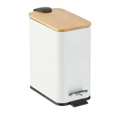 Afbeelding van Relaxdays badkamer prullenbak 5 liter bamboe deksel kleine pedaalemmer binnenemmer wit