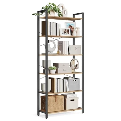 Afbeelding van VASAGLE Grote 6 vaks boekenkast met stalen frame, vrijstaande plank voor woonkamer, slaapkamer, thuiskantoor, werkkamer, 30 x 80 186 cm, industrieel, speciaal notenhout en zwart LLS082B48