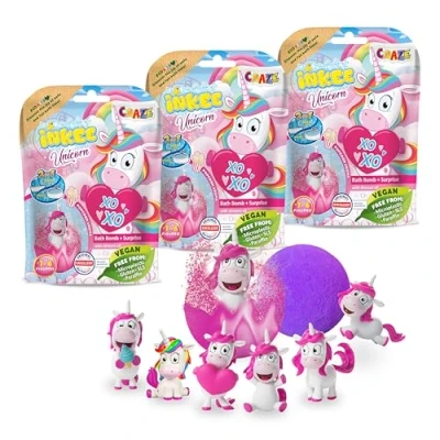 Afbeelding van CRAZE INKEE set van 3 eenhoorn verrassing badbommetjes, popcorn, aroma, badbom met binnenin, babybad, speelgoed, 1 x eenhoornfigurine, kind, bubbelbad 29428