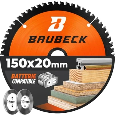 Afbeelding van BAUBECK 150 x 20 mm accucirkelzaagblad met verloopringen van 16 mm/10 mm, multimateriaal, cirkelzaagblad voor hout, aluminium, metaal enz